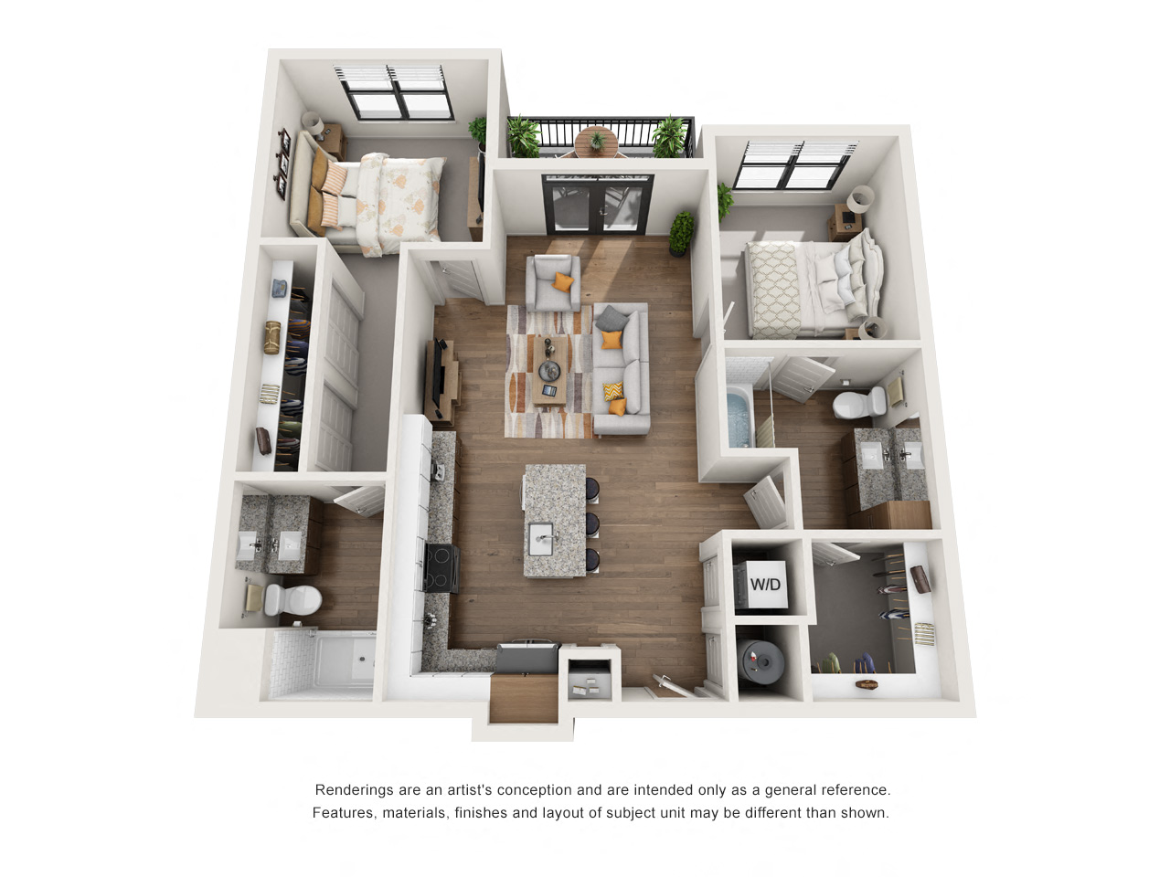 Floor plan for 2 beds, 2 baths, 1042 sqft